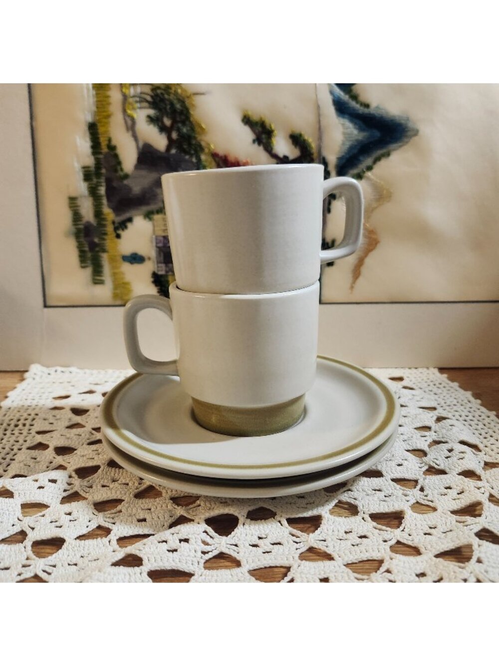 Stoneware Mug & Saucer Set Green Tan Neutral Spring Bouquet 2 Sets